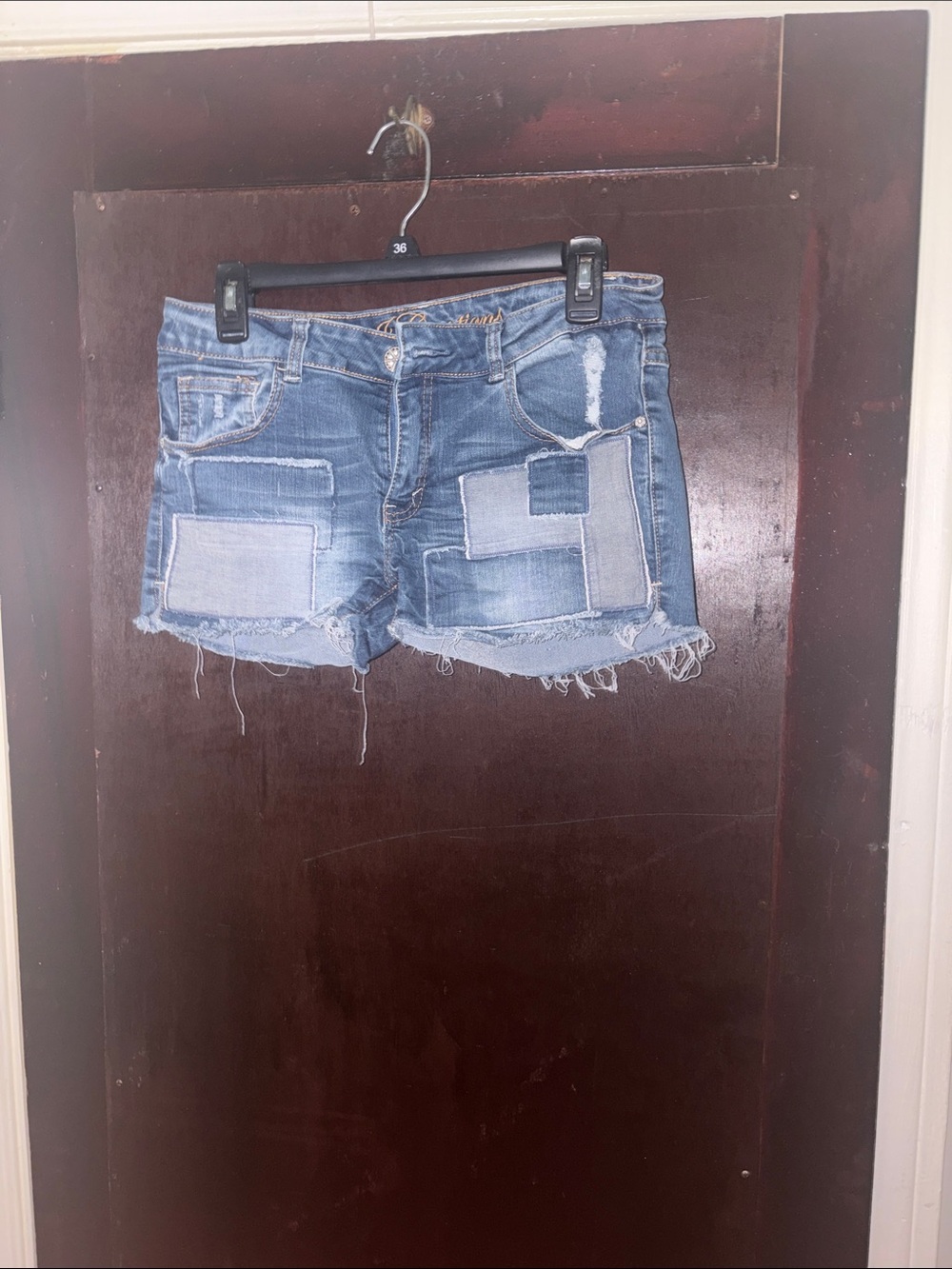 Blue Patchwork Frayed Jean Shorts